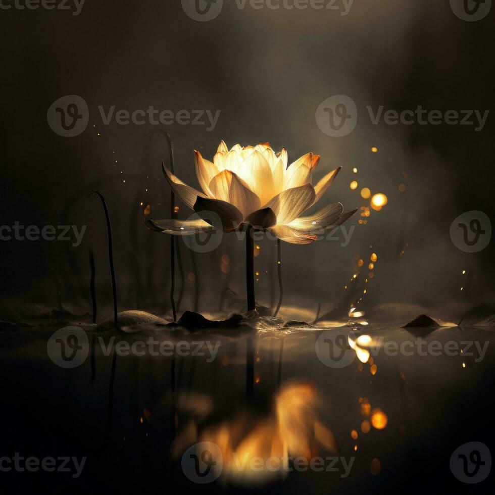 Beautiful yellow lotus flower on the swamp, water with dark background.   Mystic white lotus flower in the pond with smoke and fire. photo