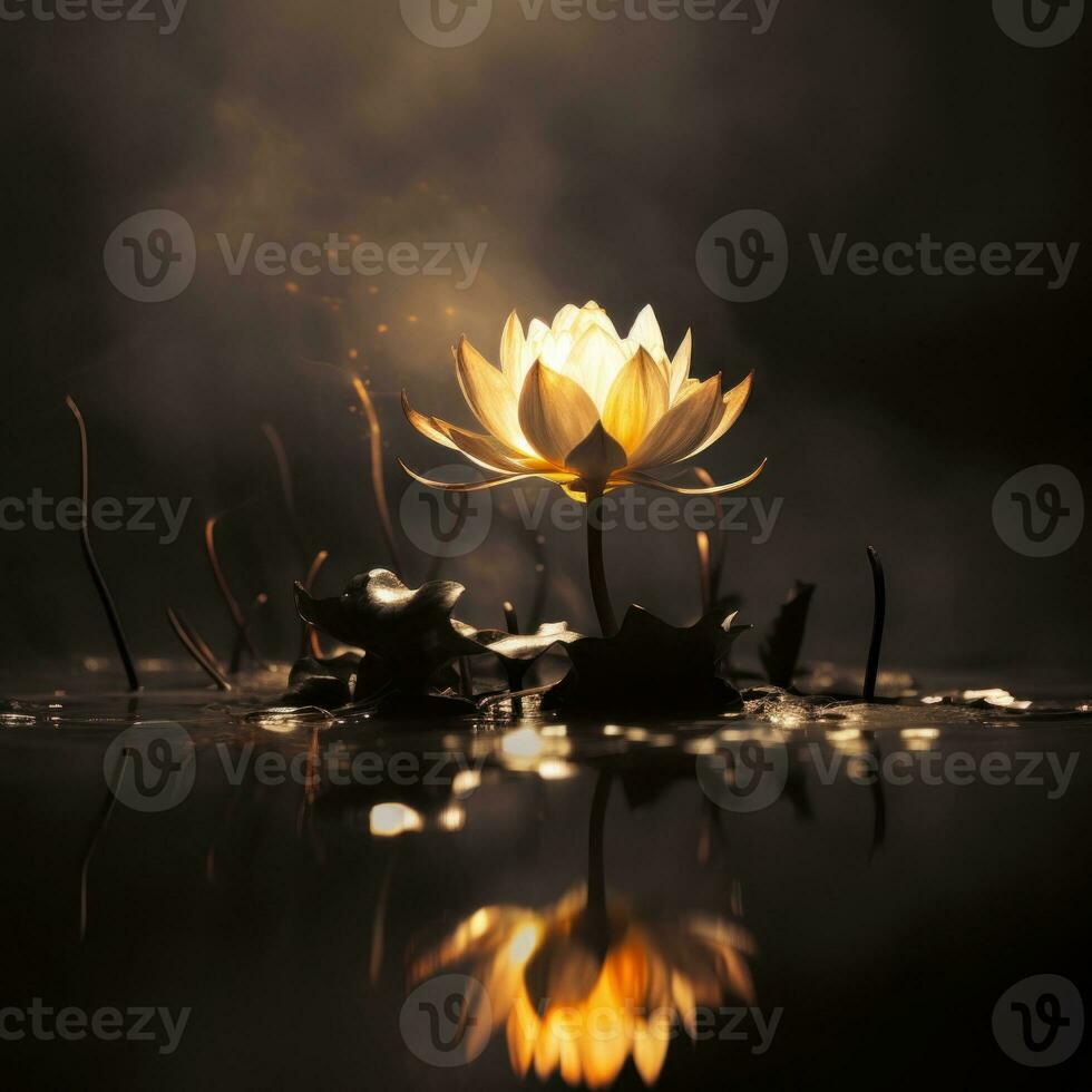 Beautiful yellow lotus flower on the swamp, water with dark background.   Mystic white lotus flower in the pond with smoke and fire. photo