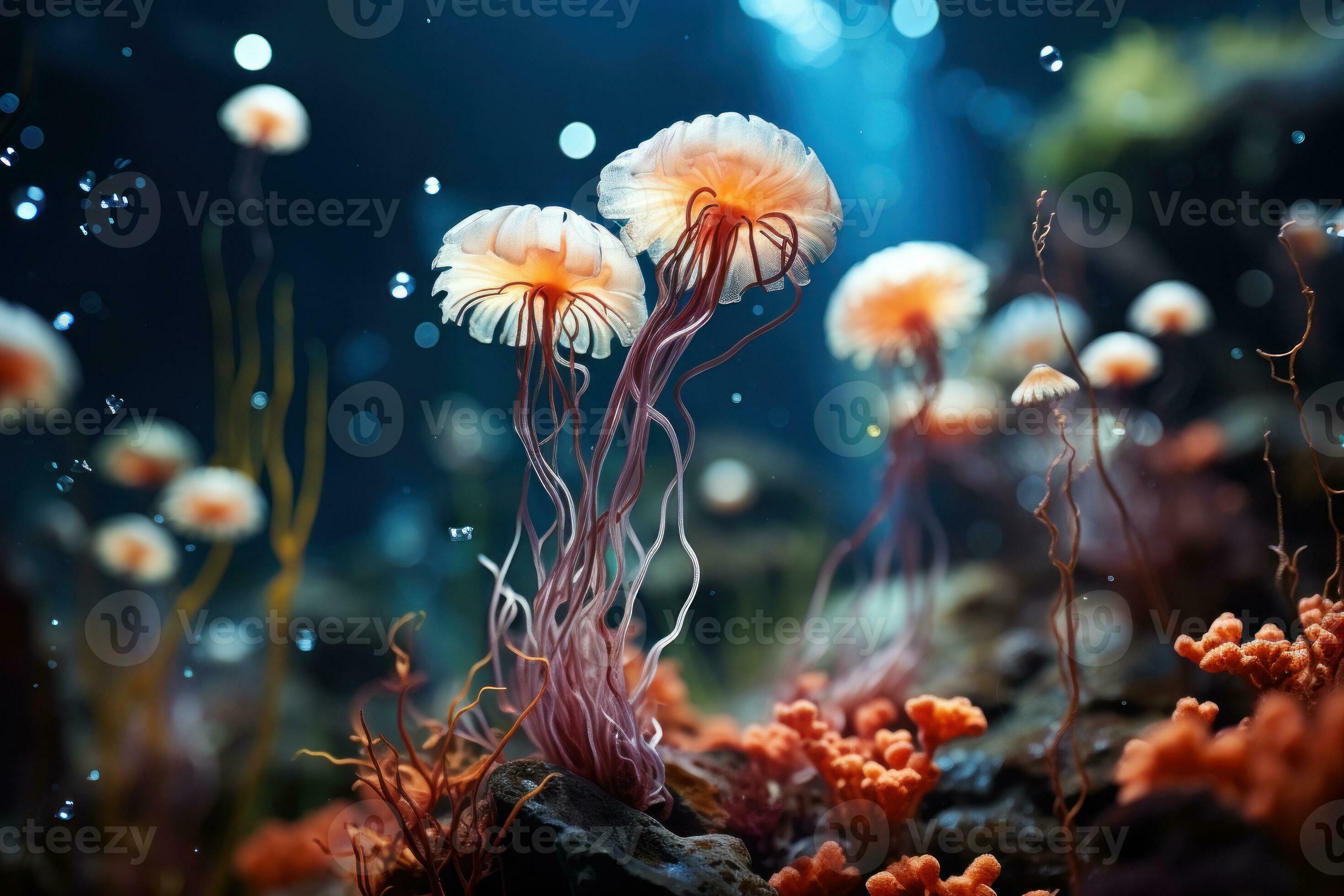 Underwater scene with corals and jellyfish in aquarium. Wonderful