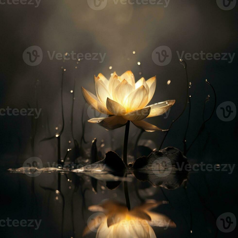 Beautiful yellow lotus flower on the swamp, water with dark background.   Mystic white lotus flower in the pond with smoke and fire. AI generated photo