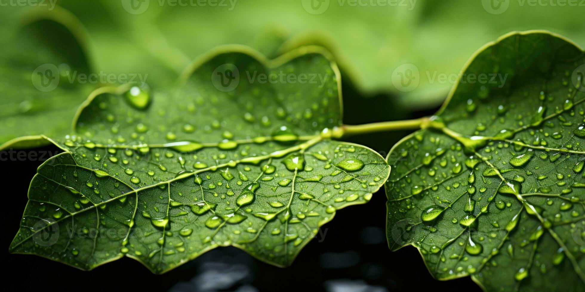 Green leaf with water drops, close-up. Nature background.  shallow depth of field. photo