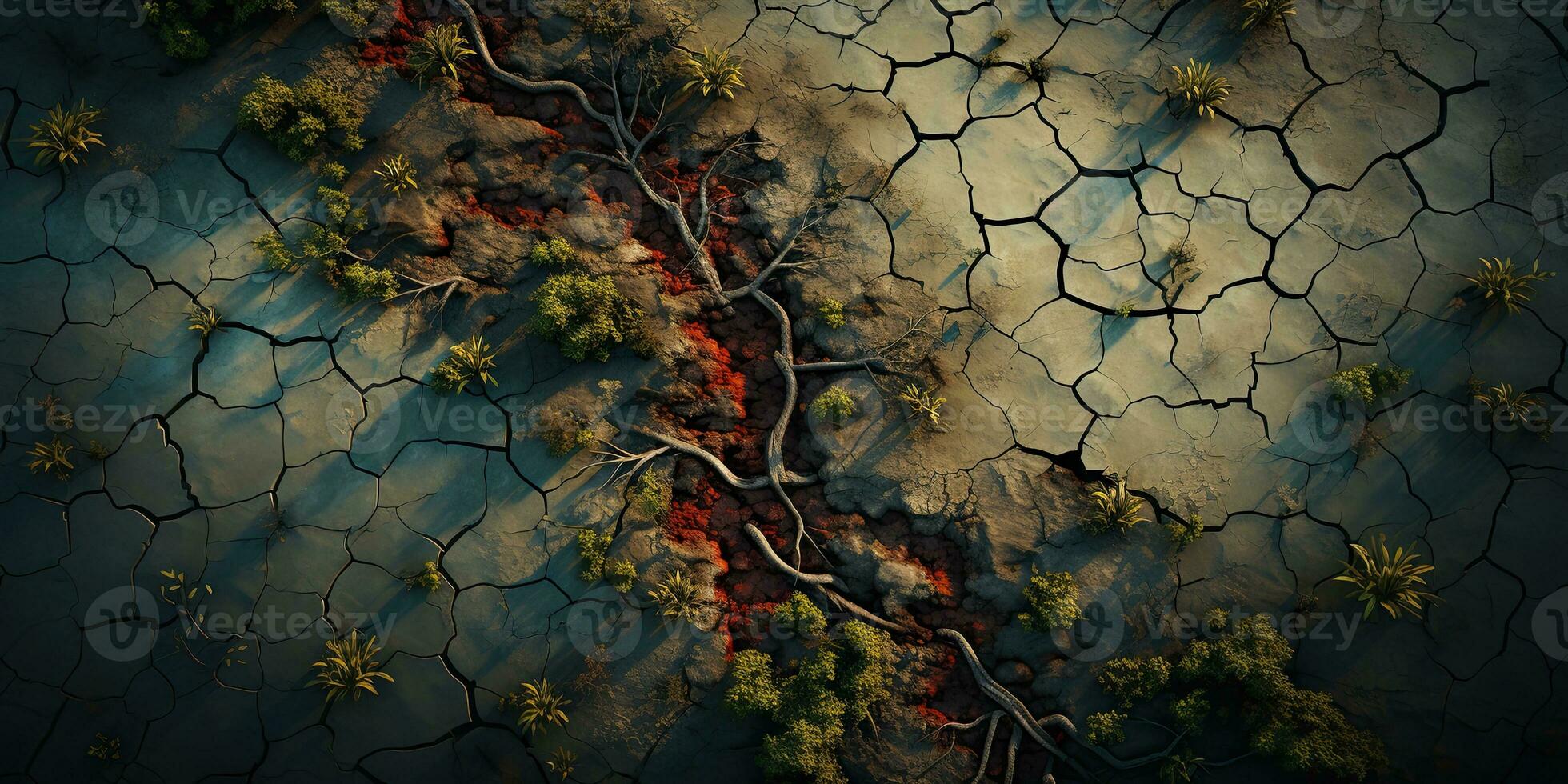 Dry land with cracked ground and green plants. 3d render.  Green sprout growing on cracked earth background, global warming, climate change concept. photo