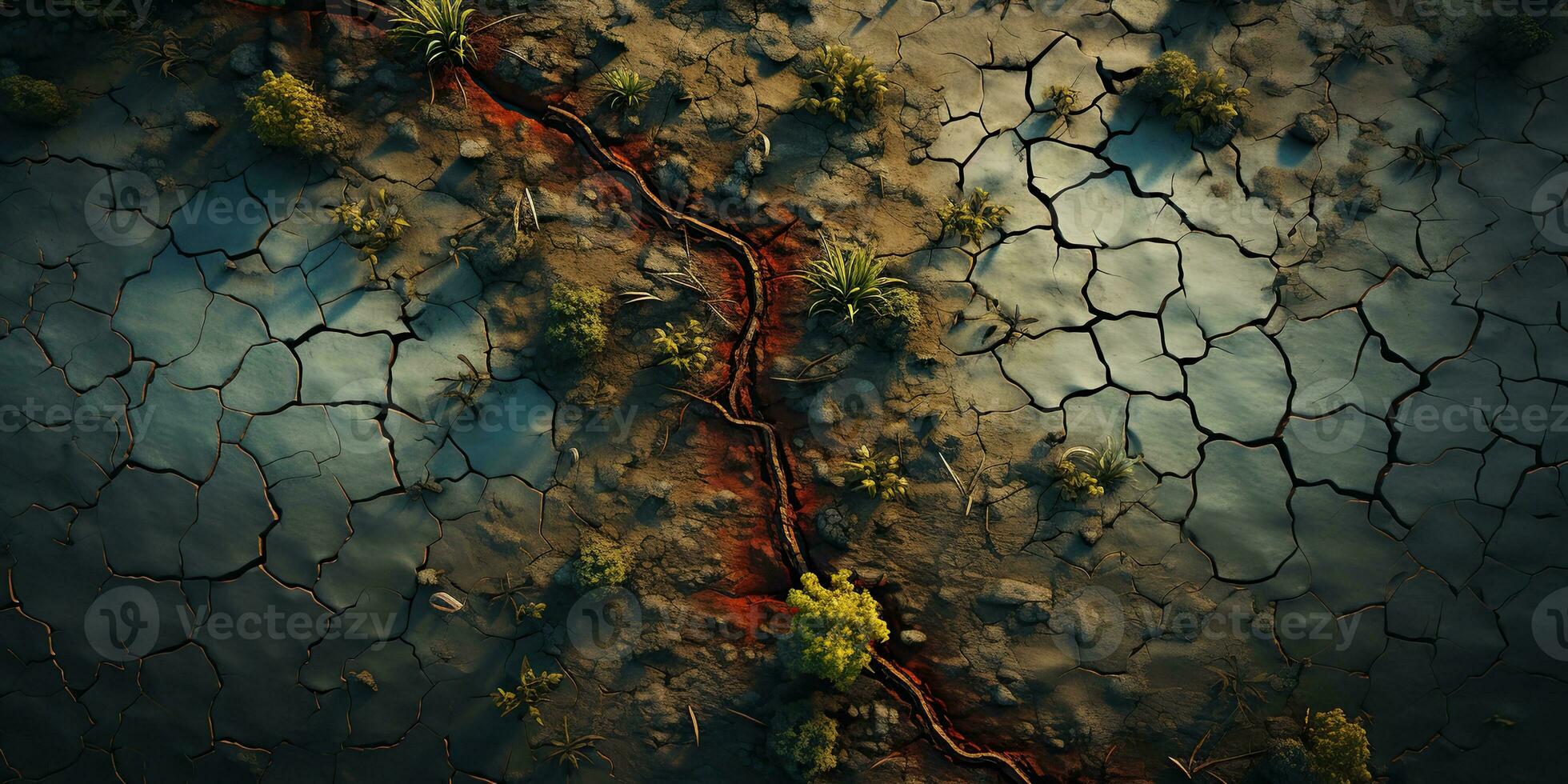 Dry land with cracked ground and green plants. 3d render.  Green sprout growing on cracked earth background, global warming, climate change concept. photo