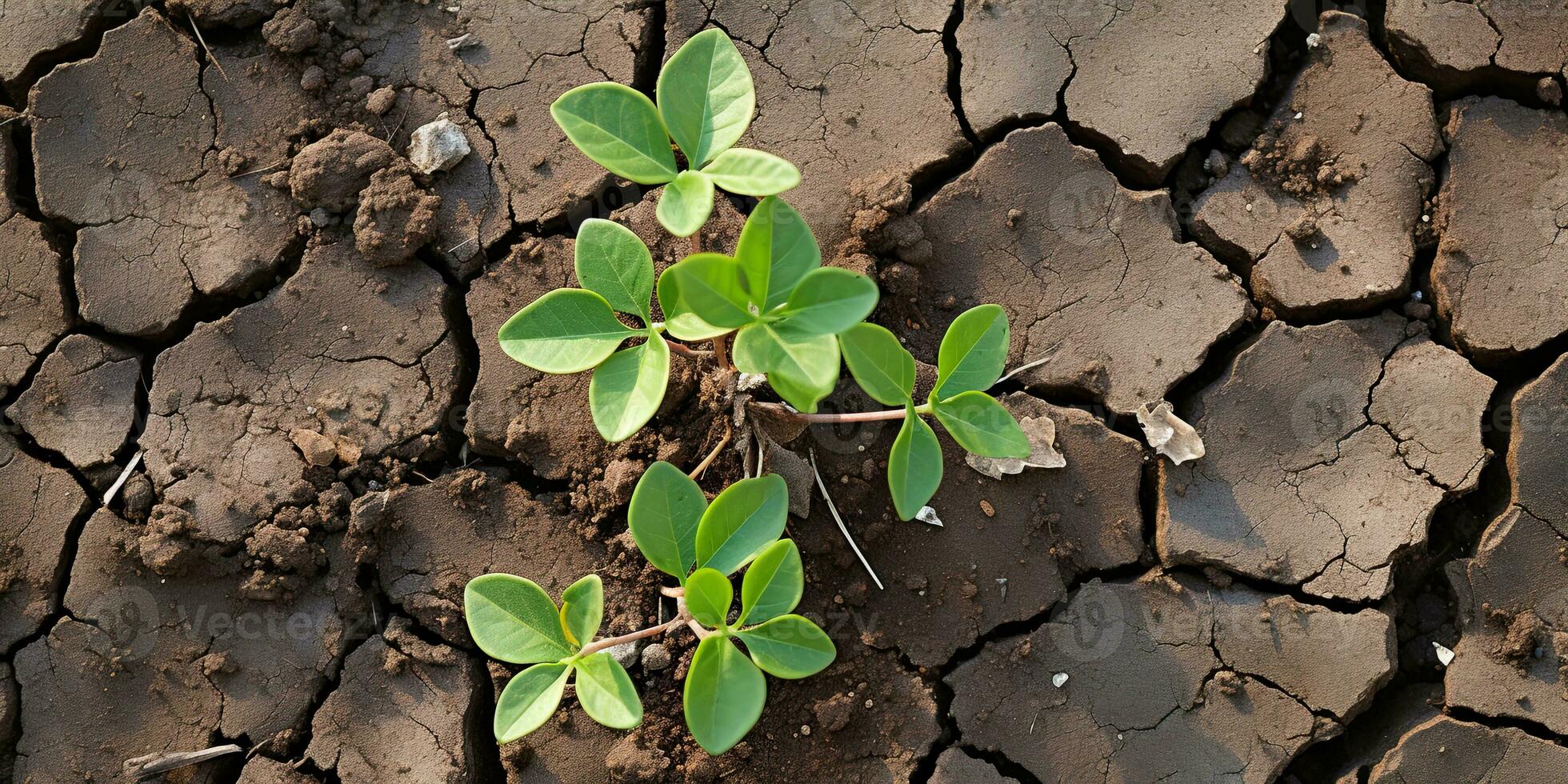 Young plant growing in the soil. Concept of new life and agriculture. Dry land with cracked ground and green plants. 3d render.  AI generated photo