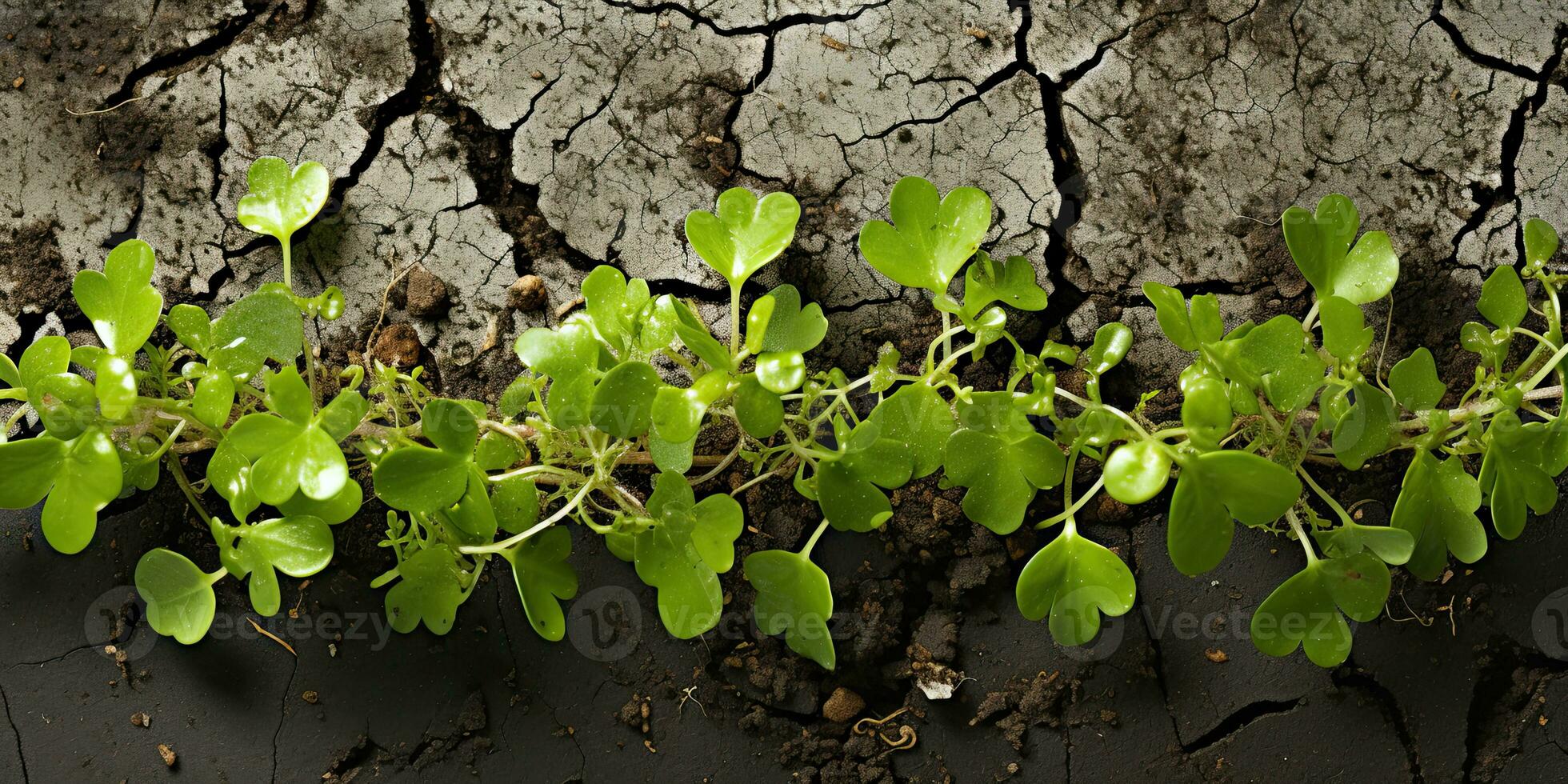 Young plant growing in the soil. Concept of new life and agriculture. Dry land with cracked ground and green plants. 3d render.  AI generated photo