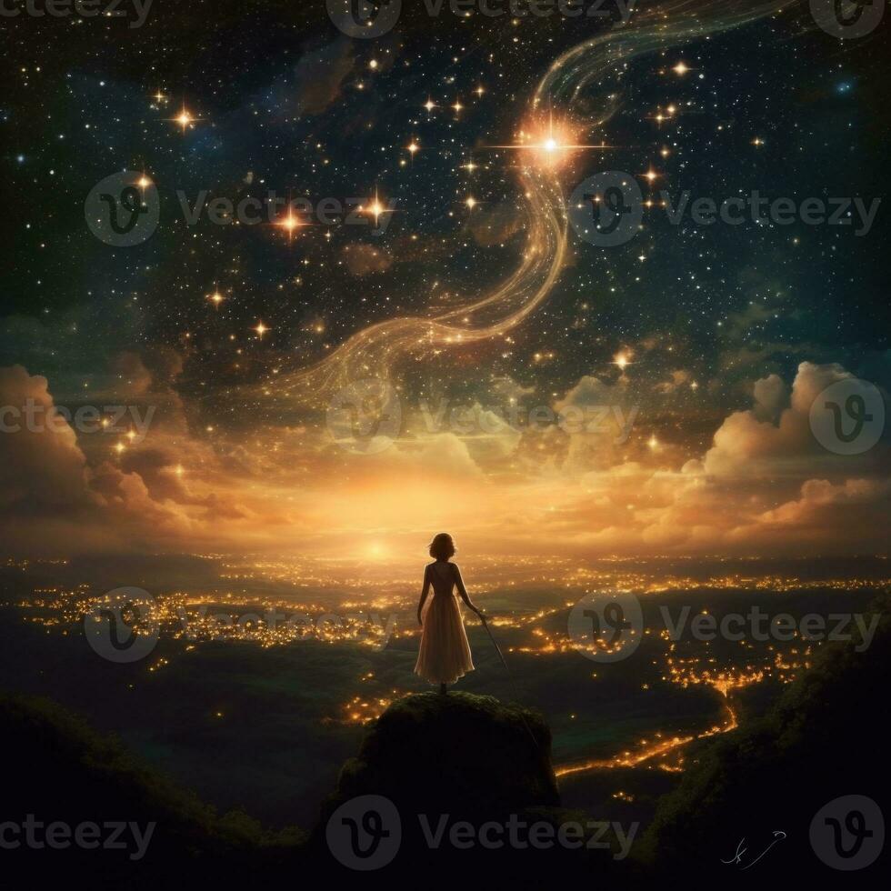 Fantasy landscape with a girl in a white dress against the background of the night sky. Fantasy image of a woman standing on the edge of a cliff and looking at the night sky. AI generated photo