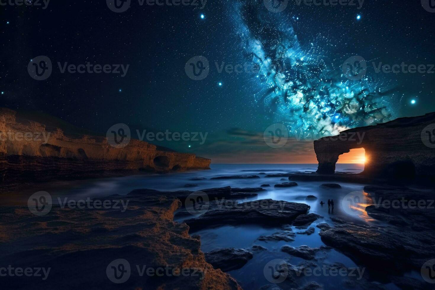 Fantasy landscape with a cave and a milky way.  Starry sky and sea. 3d rendering AI generated photo