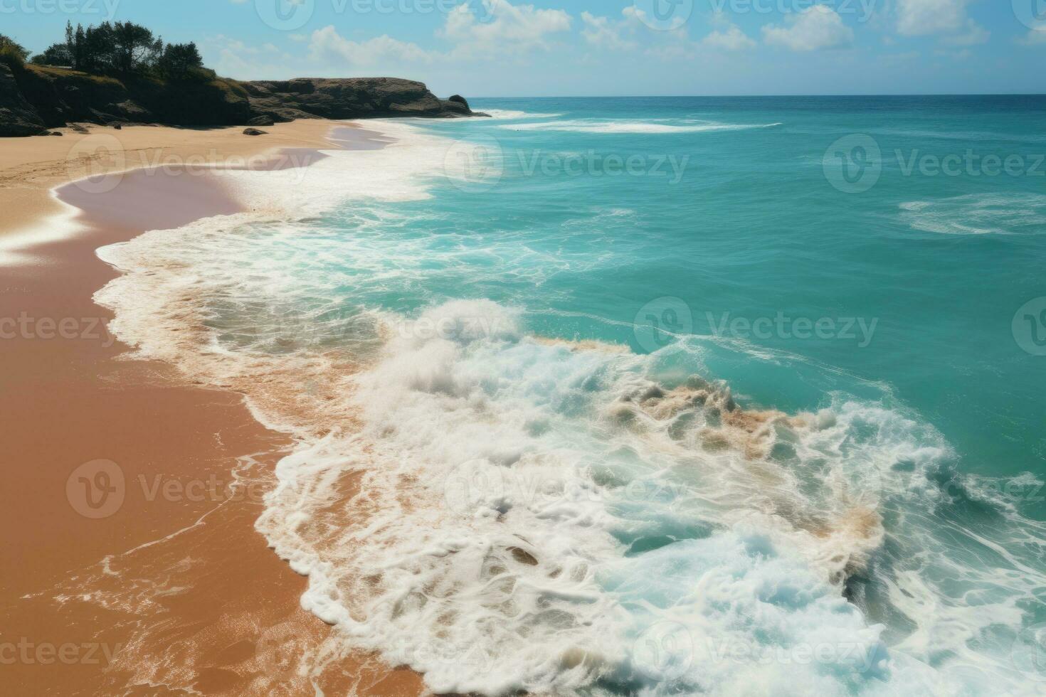 Aerial view of beautiful sandy beach with turquoise water and waves. Beautiful tropical beach and sea with blue sky background.  AI generated photo
