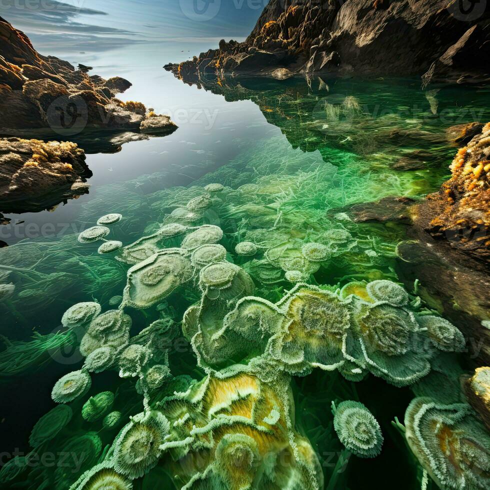Underwater world. 3D render of underwater world with coral reef. Beautiful seascape. Colorful seascape. Composition of nature.  AI generated photo