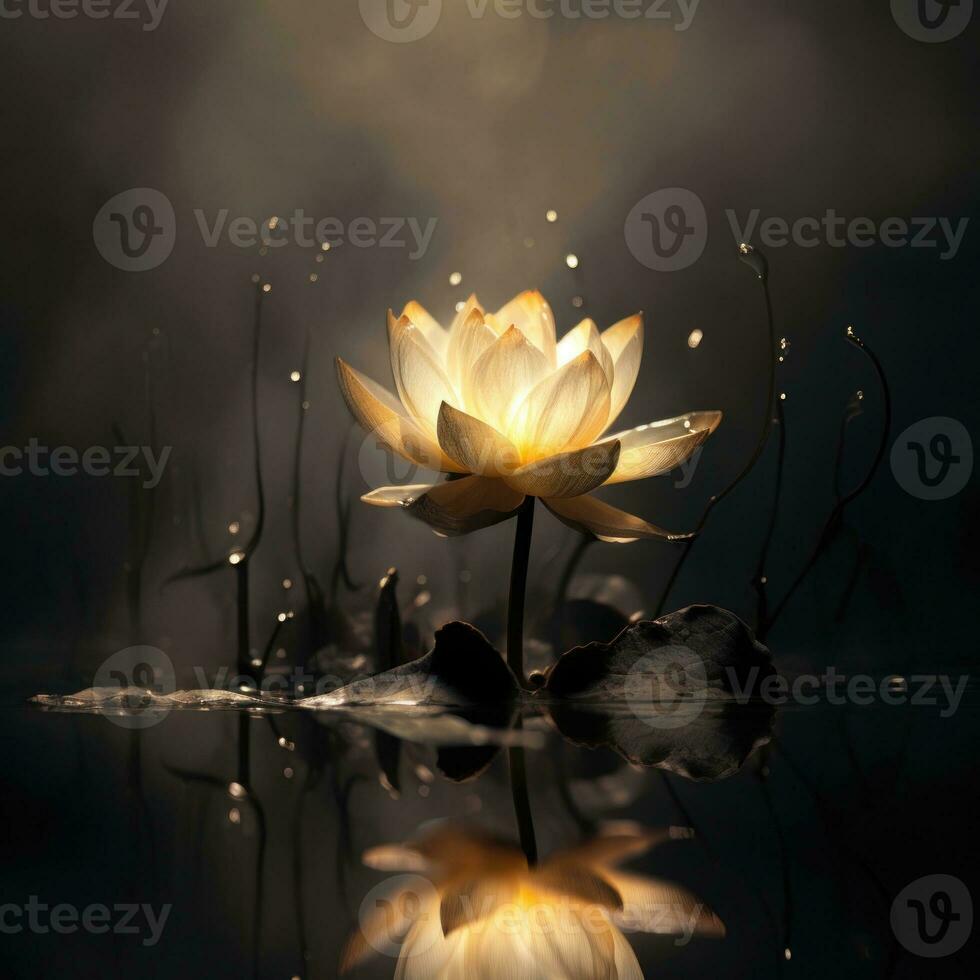 Beautiful yellow lotus flower on the swamp, water with dark background.   Mystic white lotus flower in the pond with smoke and fire. AI generated photo