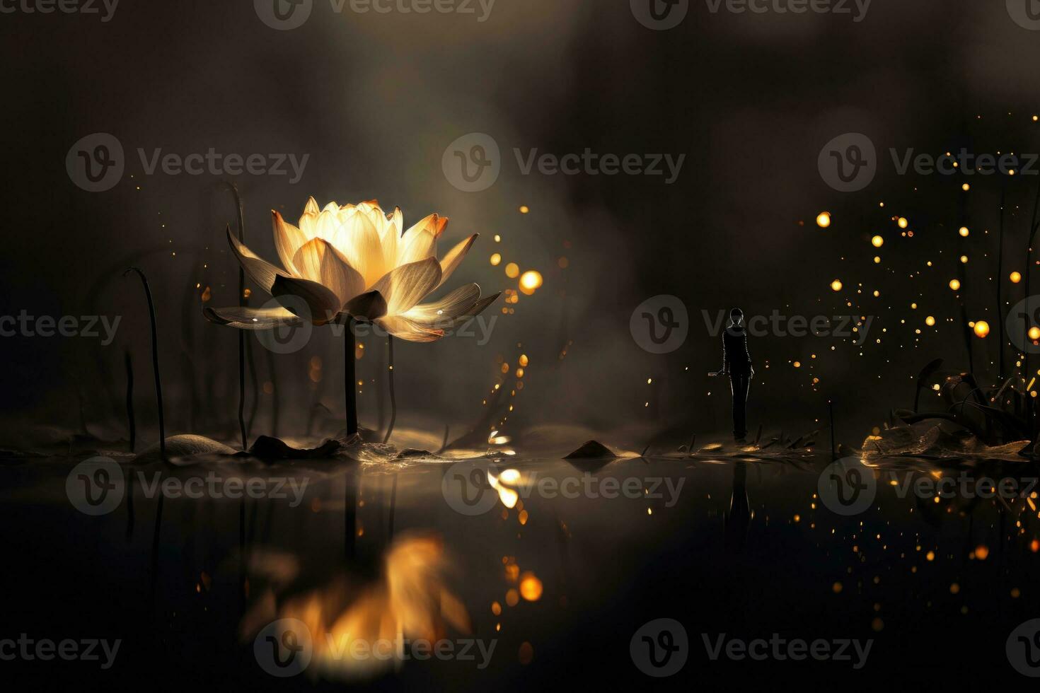 Beautiful yellow lotus flower on the swamp, water with dark background.   Mystic white lotus flower in the pond with smoke and fire. Silhouette of a man in front of a lotus flower. AI generated photo