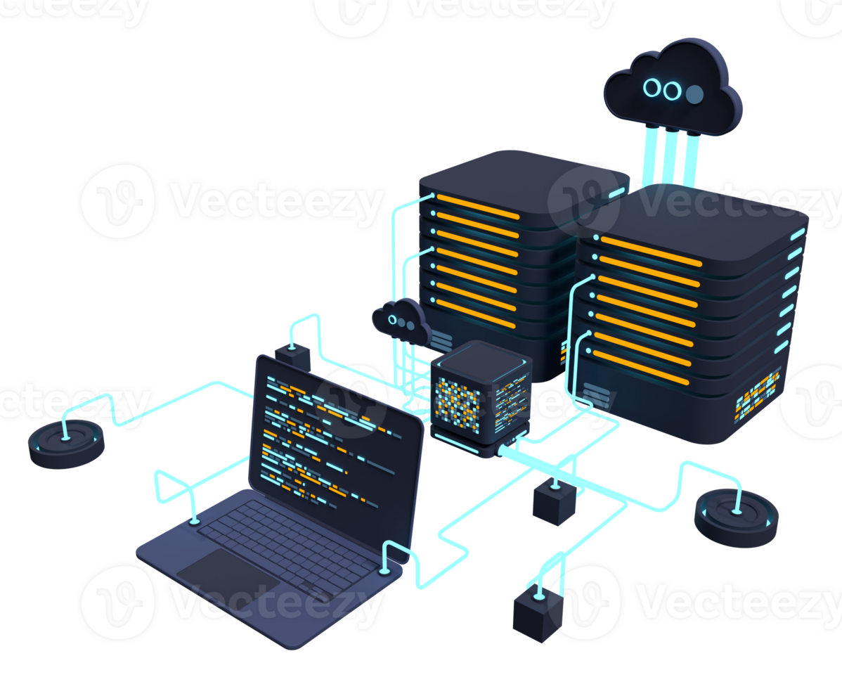 Computer technology 3D illustration. Computation of big data center. Cloud computing. Online devices upload and download information. Modern 3D illustration. 3D rendering png