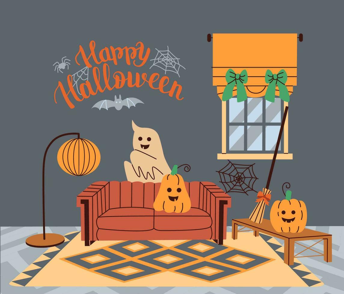 Home decor for Halloween party. Holiday room decoration. Hand written Happy Halloween text. vector