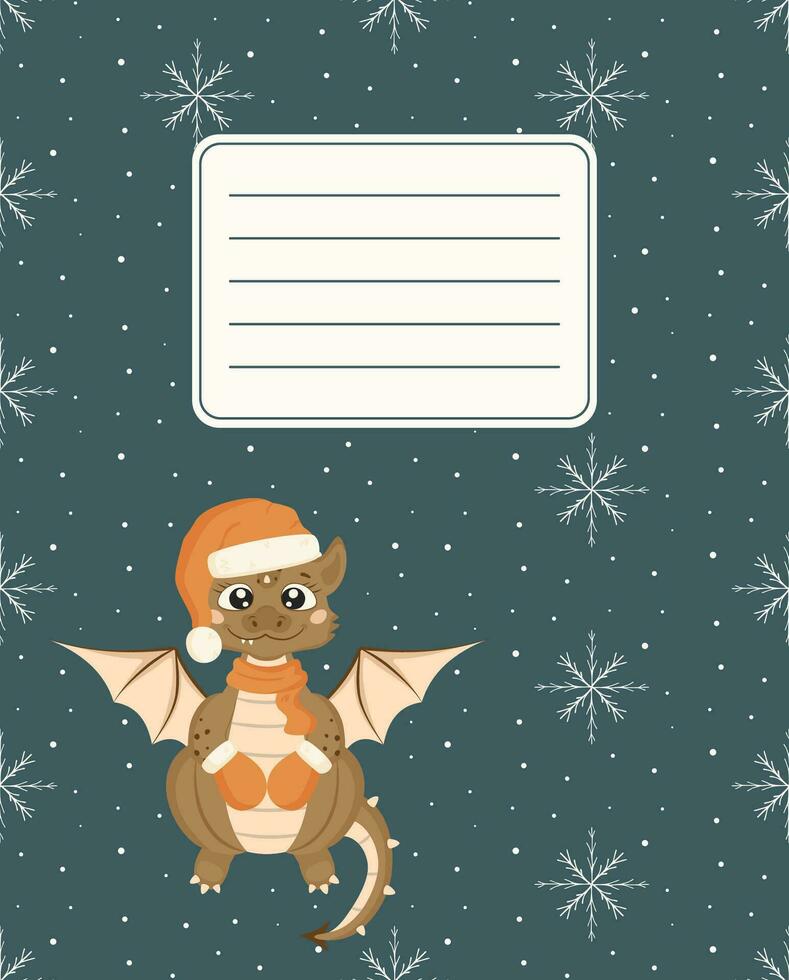 Design of covers for notebooks, planners with the image of a smiling dragon with a Santa Claus hat, scarf and mittens. vector