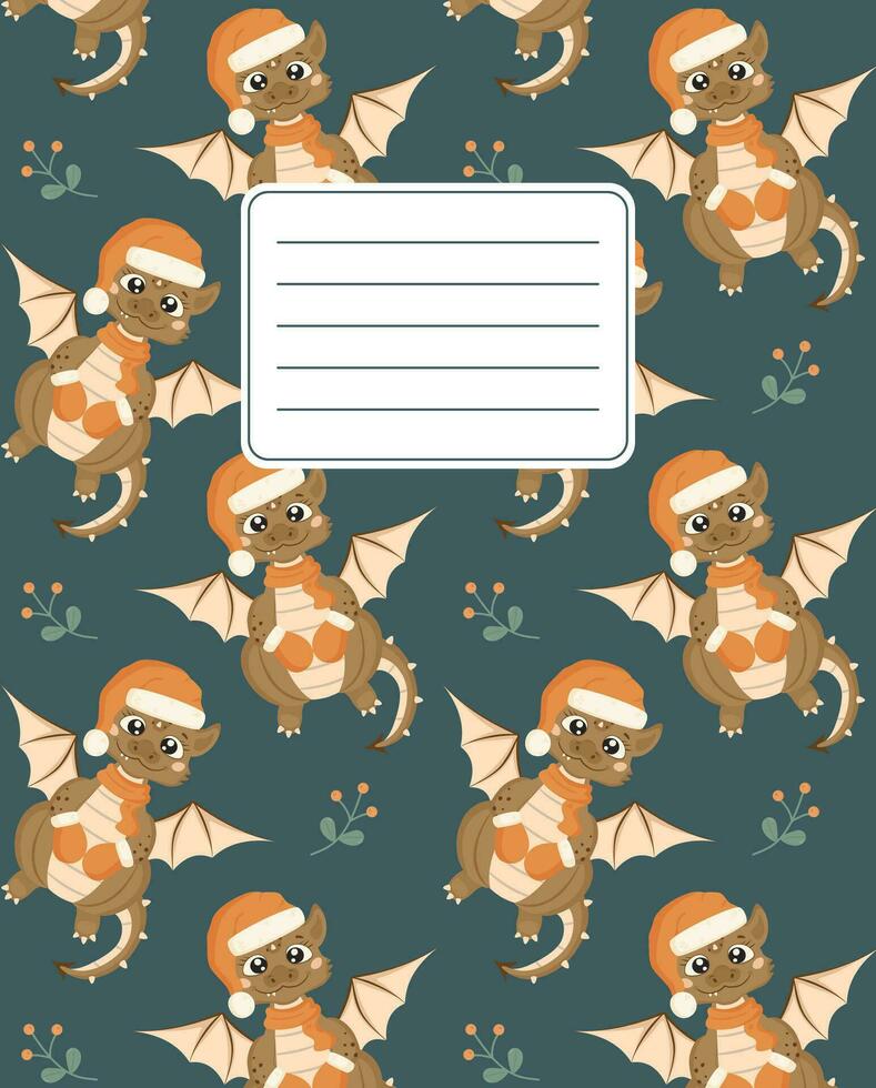 Design of covers for notebooks, planners with the image of a cute smiling dragon in a Santa Claus hat, scarf and mittens. vector