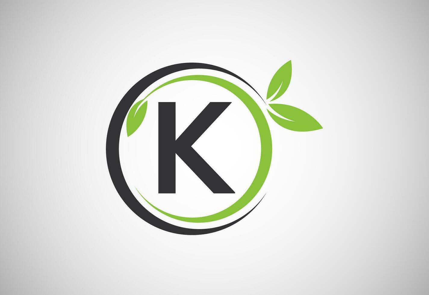 English alphabet K with green leaves. Organic, eco-friendly logo design vector template