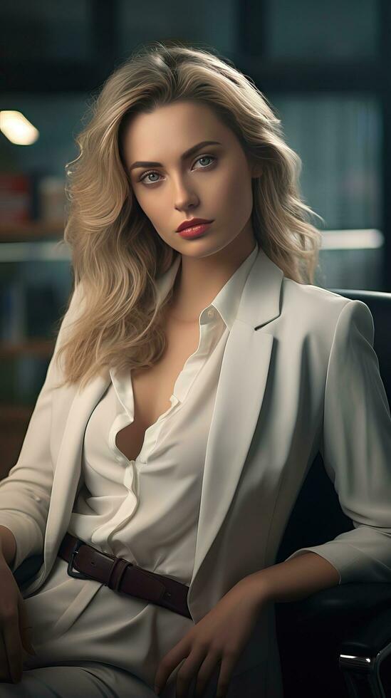 Portrait of a beautiful business woman in the office. Generative AI photo