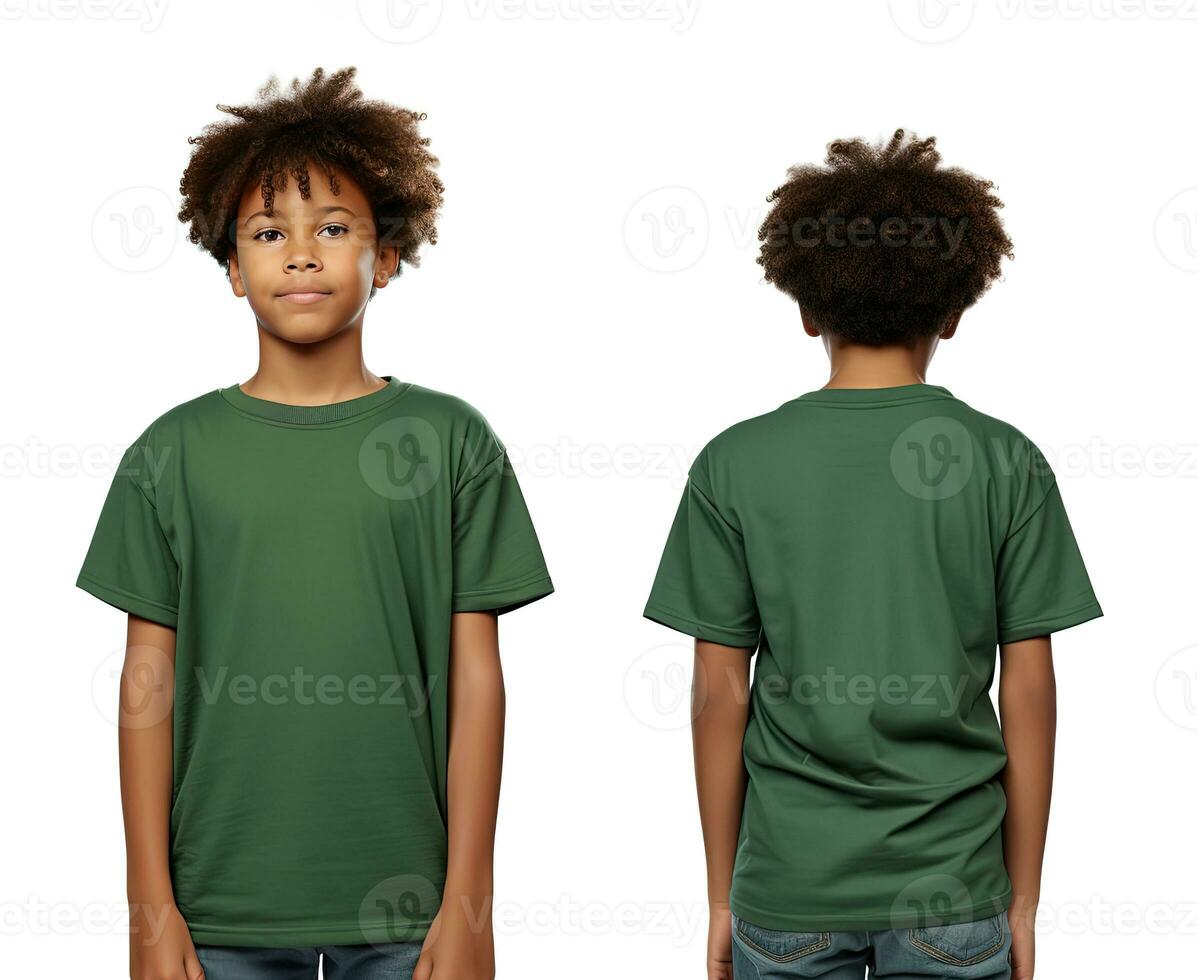 Front and back views of a little boy wearing a green T-shirt. ai generated photo