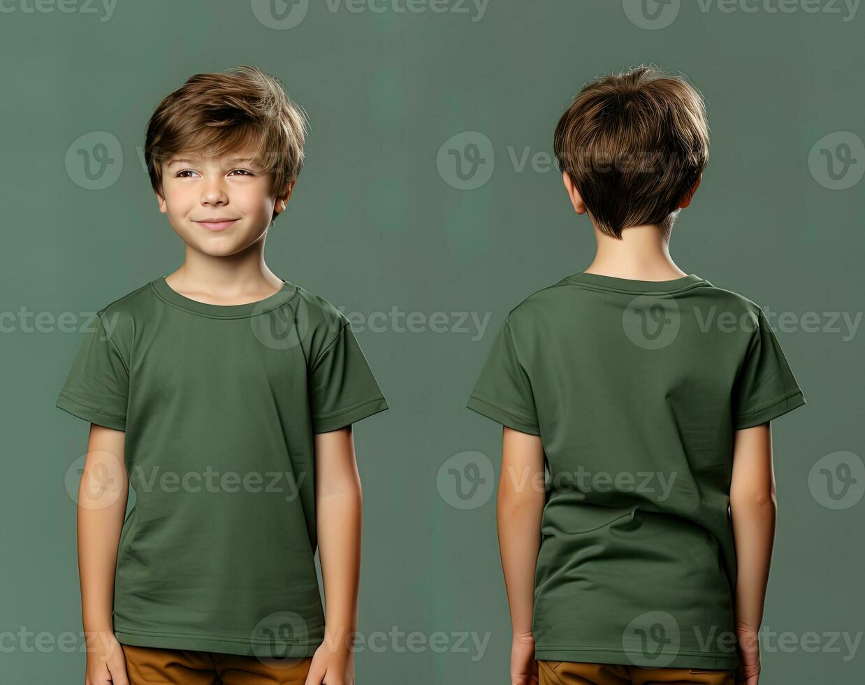 Front and back views of a little boy wearing a green T-shirt. ai generated photo