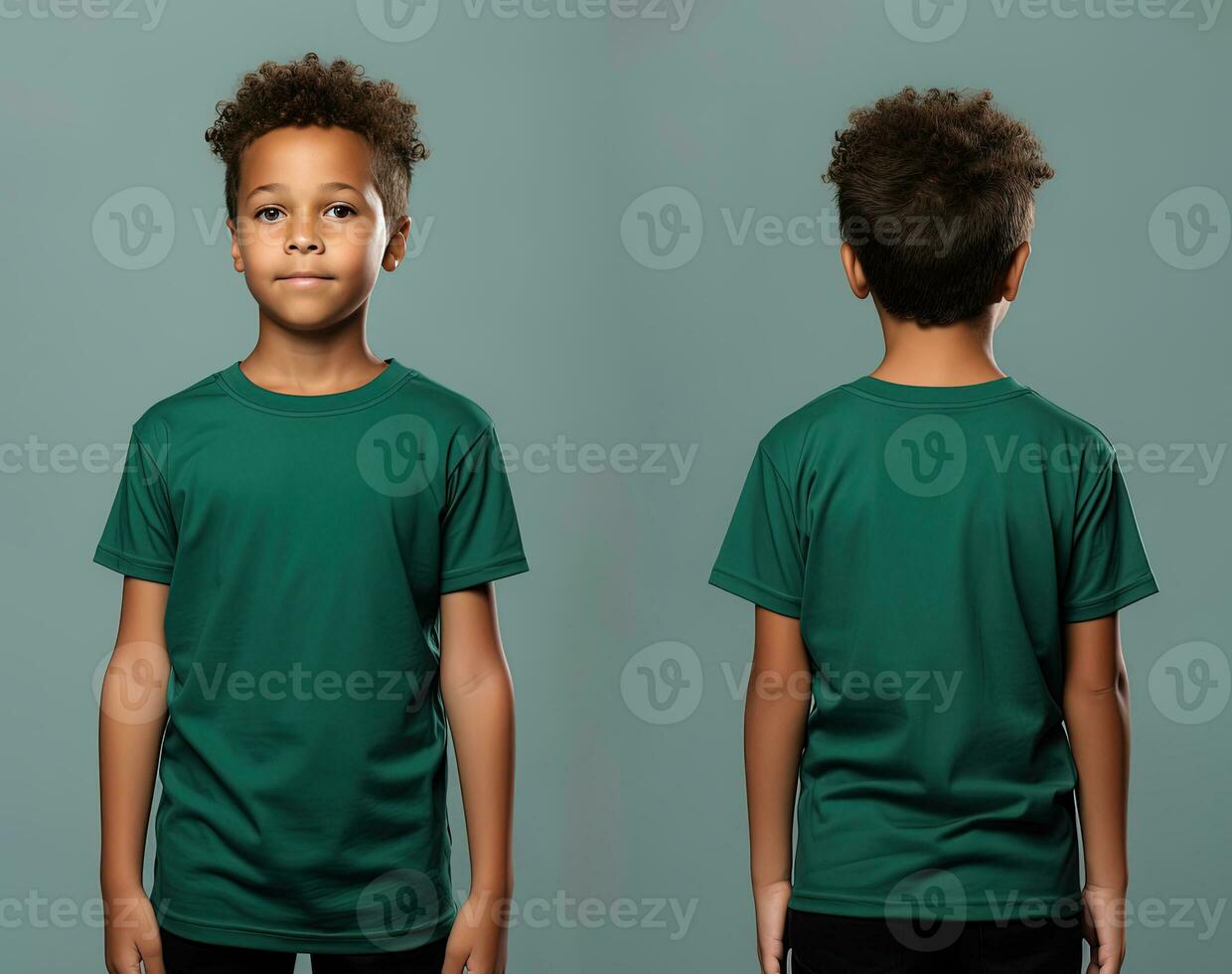 Front and back views of a little boy wearing a green T-shirt. ai generated photo