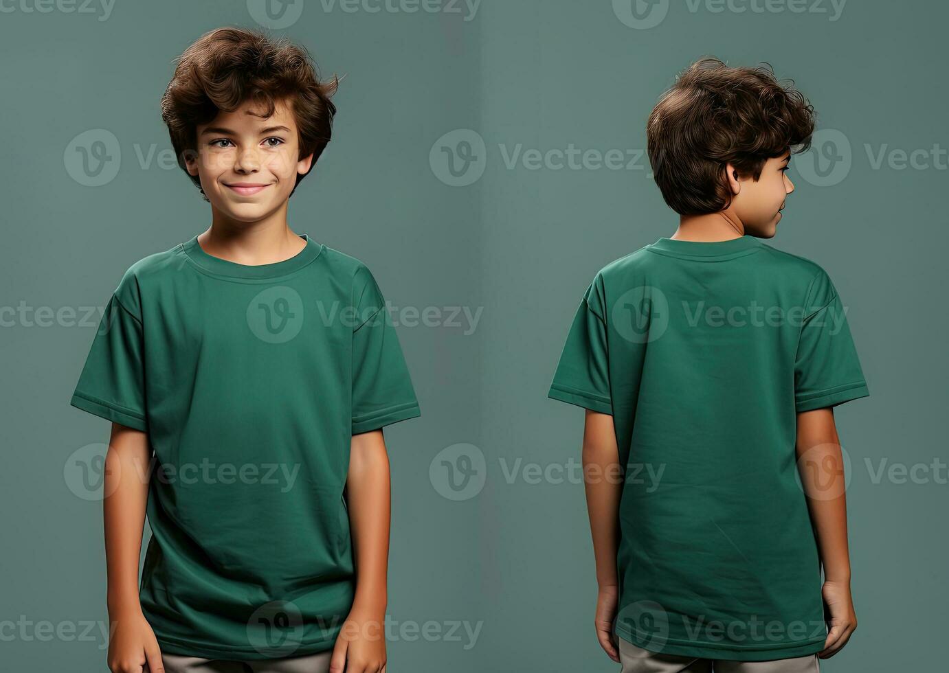 Front and back views of a little boy wearing a green T-shirt. ai generated photo