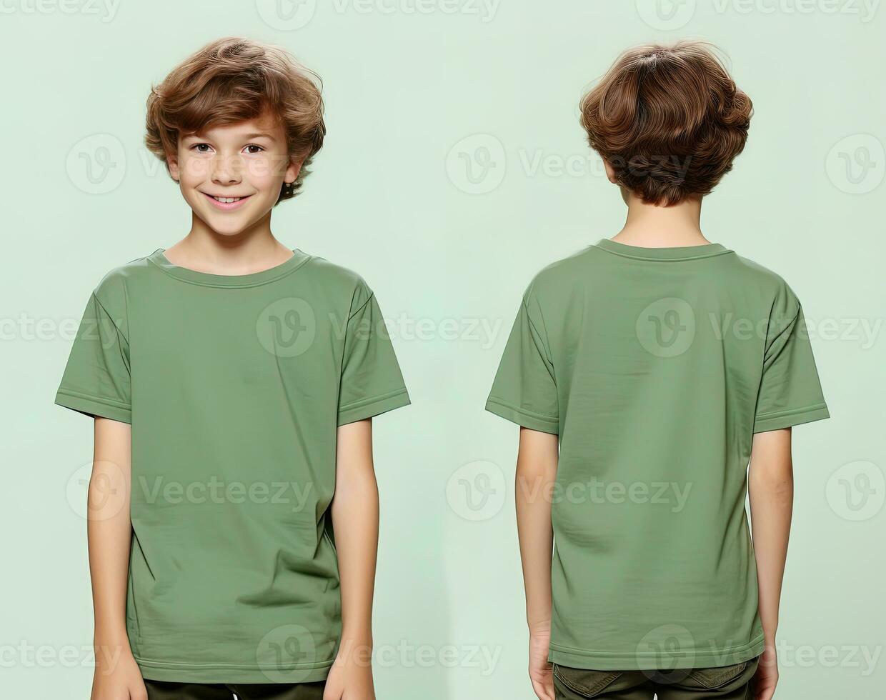 Front and back views of a little boy wearing a green T-shirt. ai generated photo