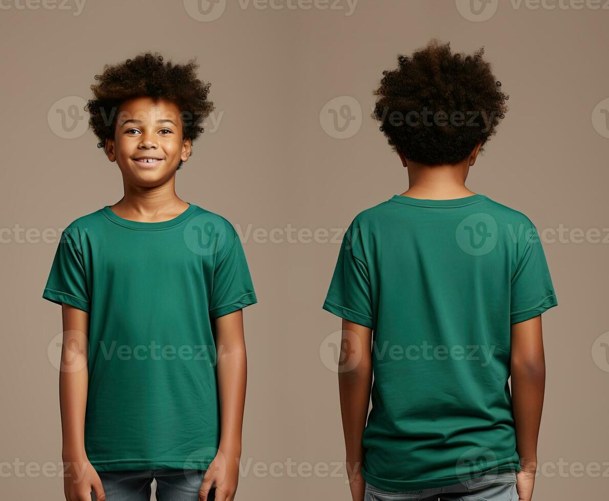 Front and back views of a little boy wearing a green T-shirt. ai generated photo