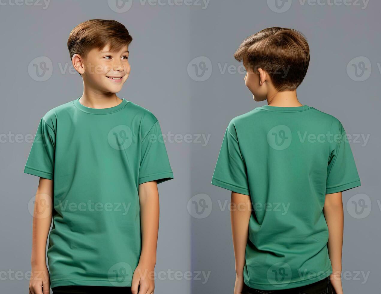 Front and back views of a little boy wearing a green T-shirt. ai generated photo