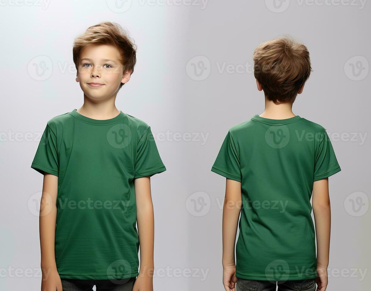 Front and back views of a little boy wearing a green T-shirt. ai generated photo
