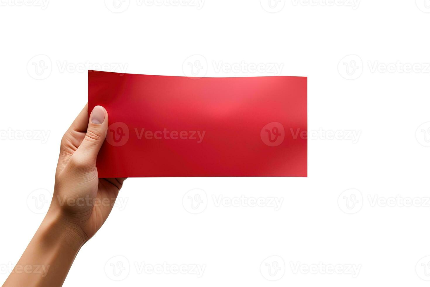 A human hand holding a blank sheet of red paper or card isolated on white background. ai generated photo