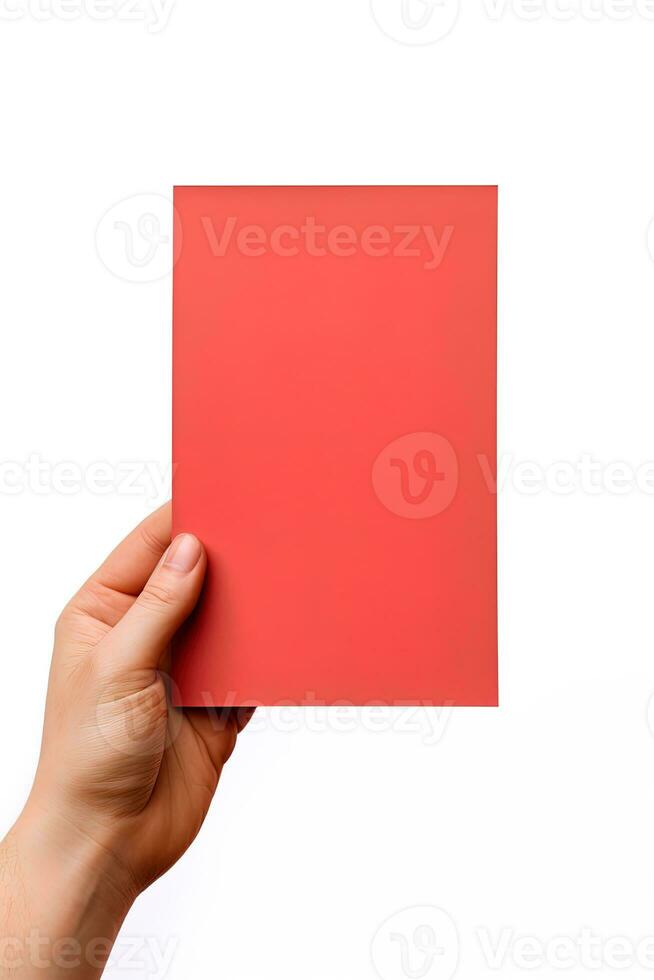 A human hand holding a blank sheet of red paper or card isolated on white background. ai generated photo