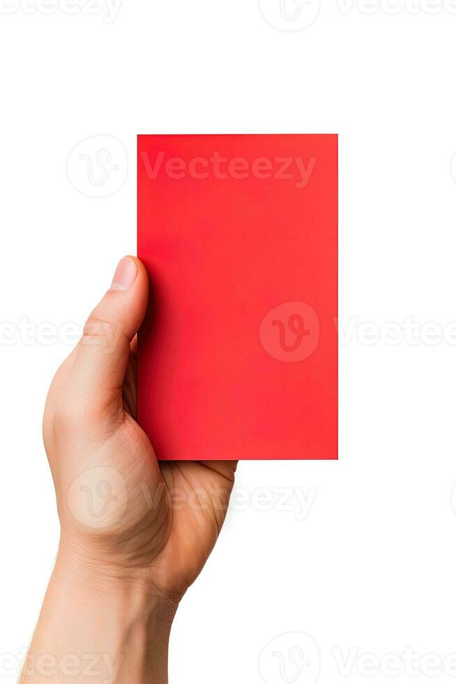 A human hand holding a blank sheet of red paper or card isolated on white background. ai generated photo