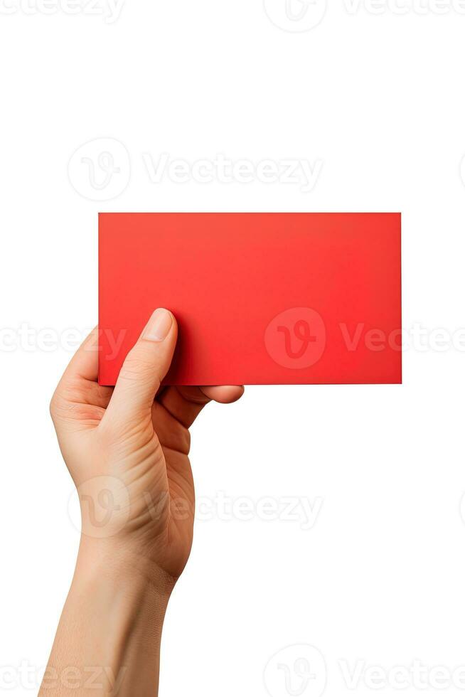 A human hand holding a blank sheet of red paper or card isolated on white background. ai generated photo