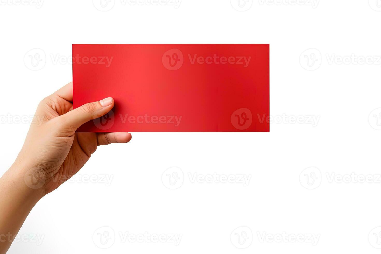 A human hand holding a blank sheet of red paper or card isolated on white background. ai generated photo