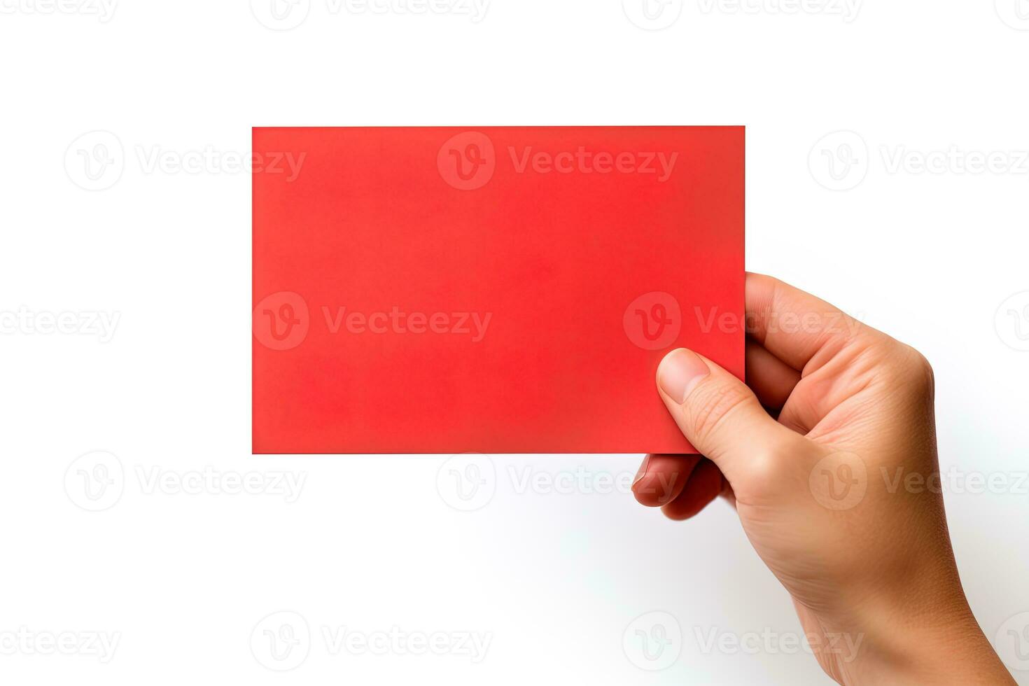 A human hand holding a blank sheet of red paper or card isolated on white background. ai generated photo