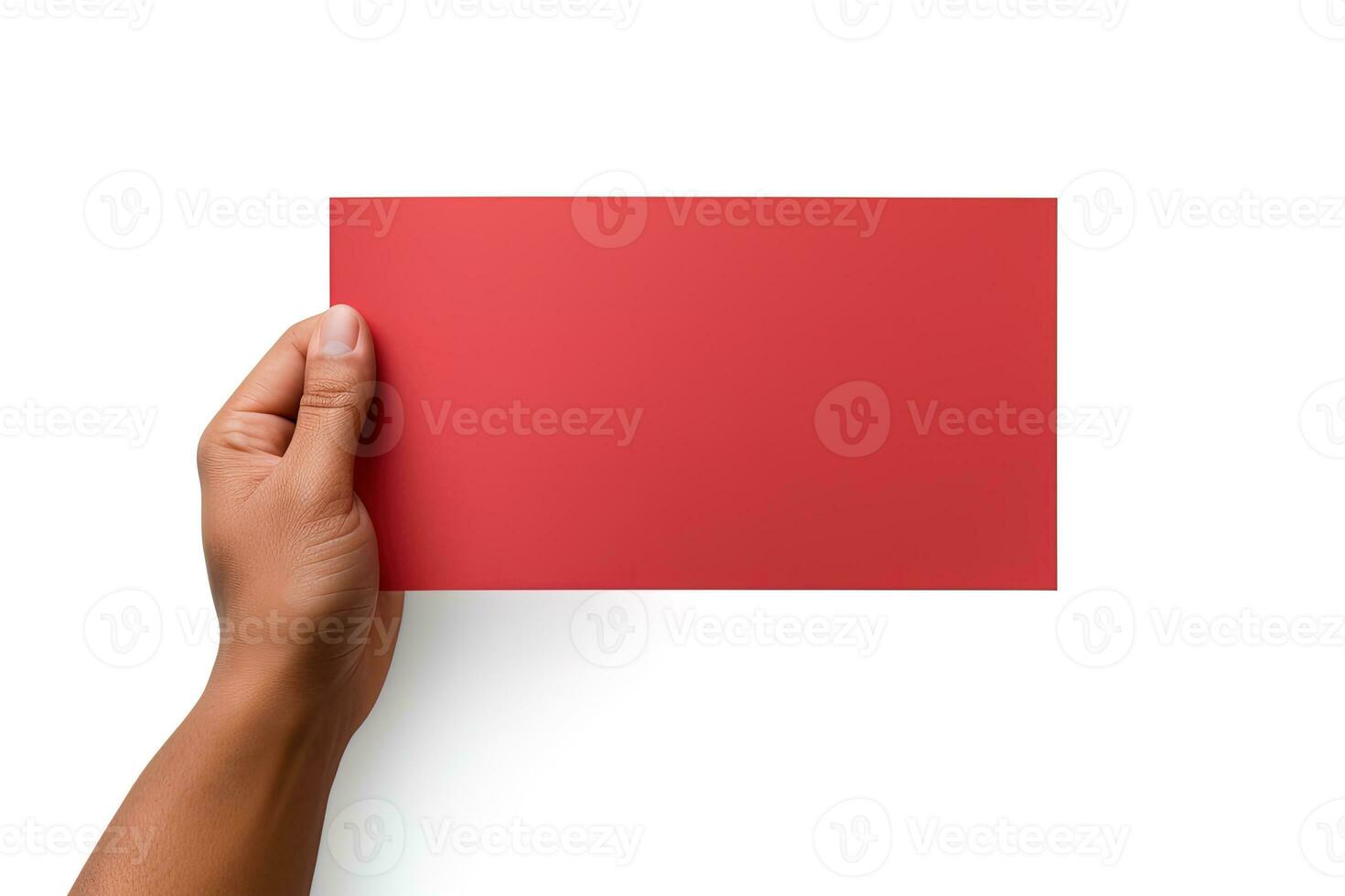 A human hand holding a blank sheet of red paper or card isolated on white background. ai generated photo