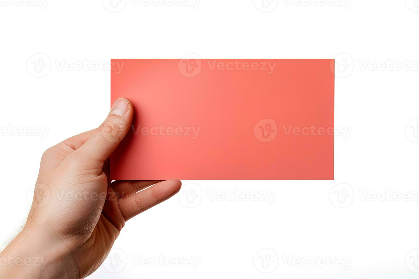 A human hand holding a blank sheet of red paper or card isolated on white background. ai generated photo