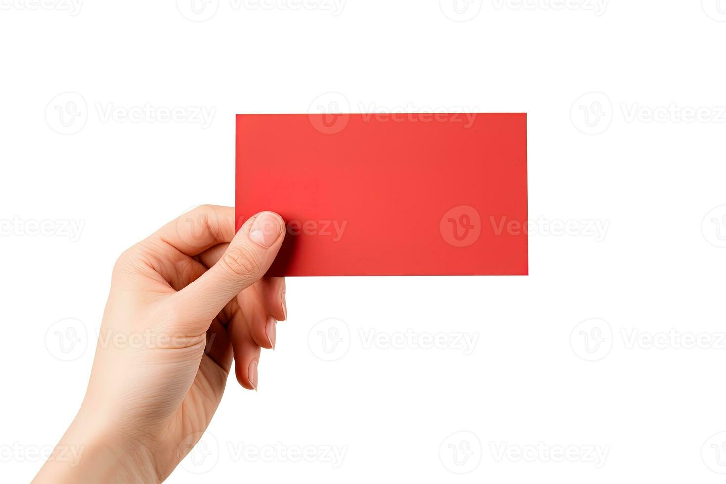 A human hand holding a blank sheet of red paper or card isolated on white background. ai generated photo