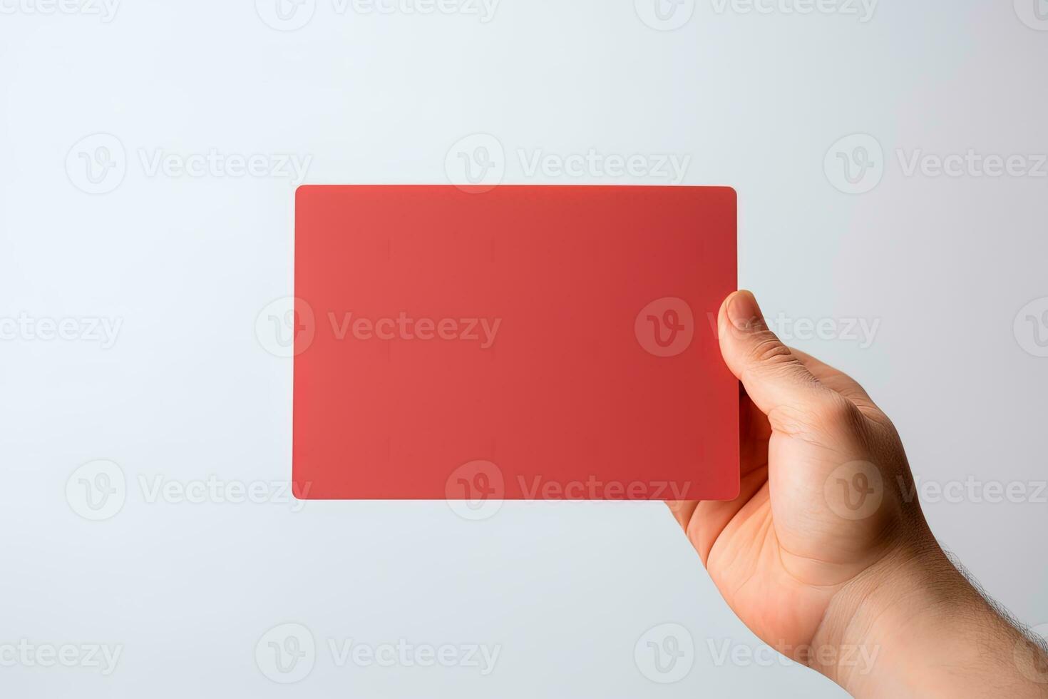 A human hand holding a blank sheet of red paper or card isolated on white background. ai generated photo