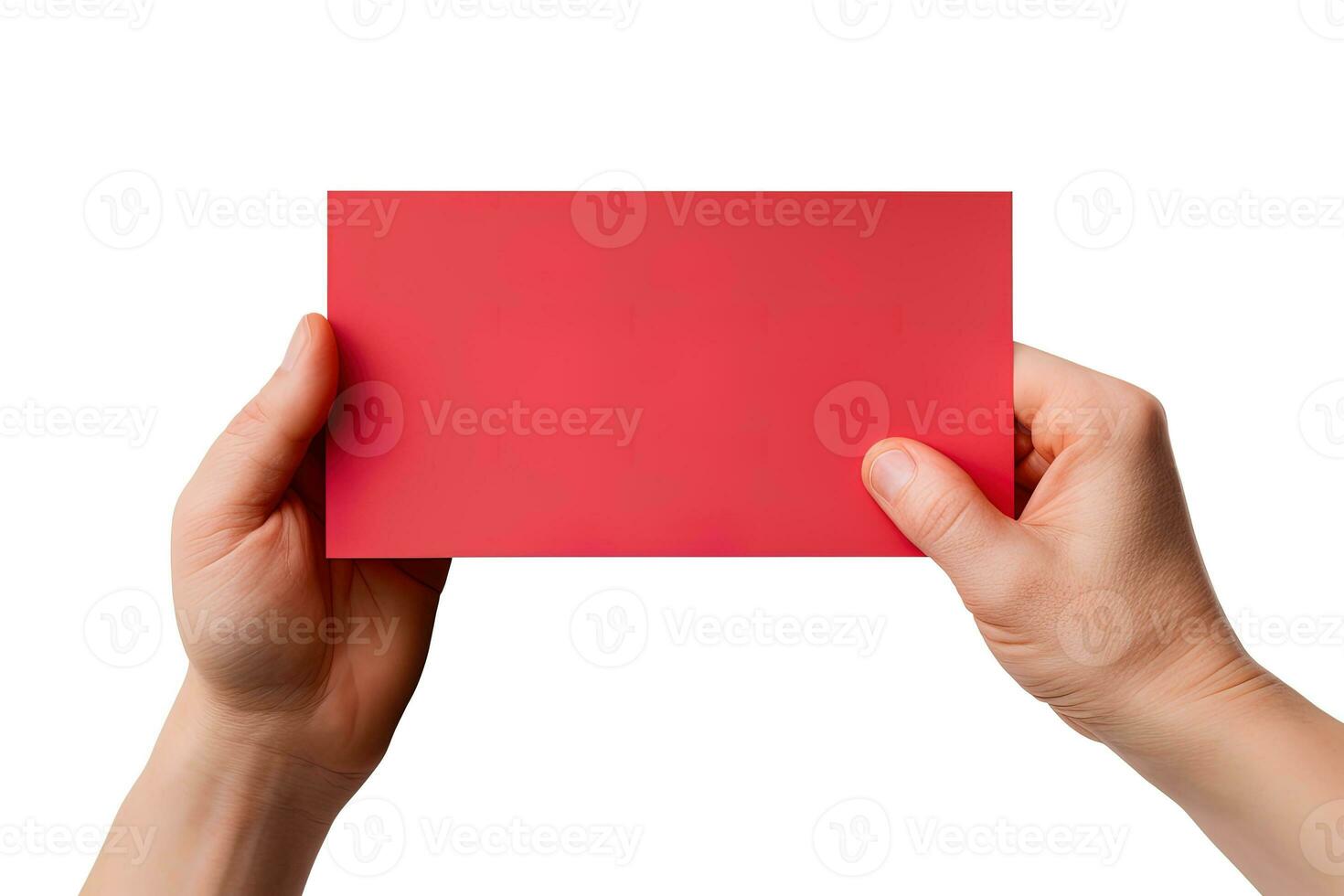 A human hand holding a blank sheet of red paper or card isolated on white background. ai generated photo