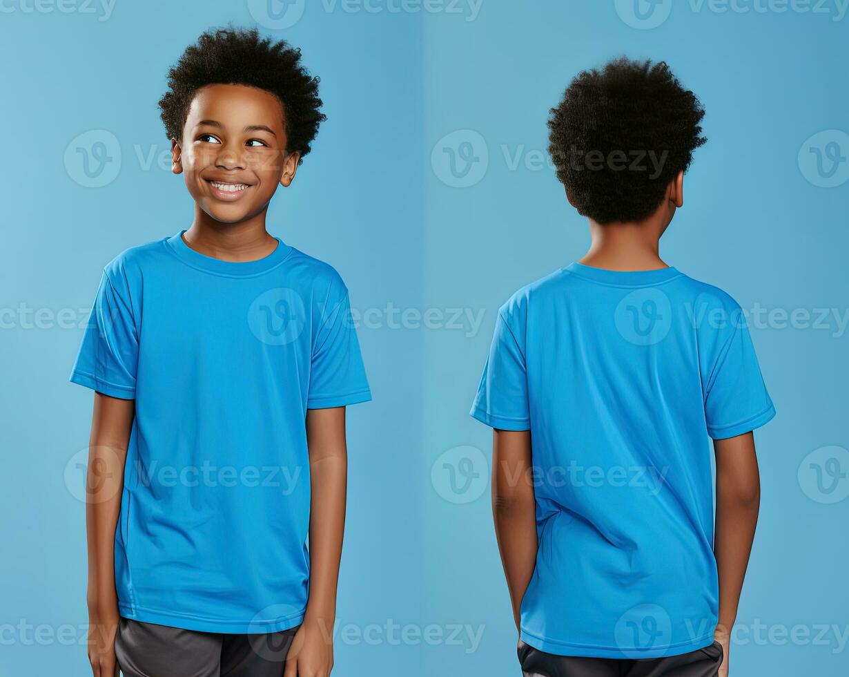 Front and back views of a little boy wearing a blue T-shirt. ai generated photo