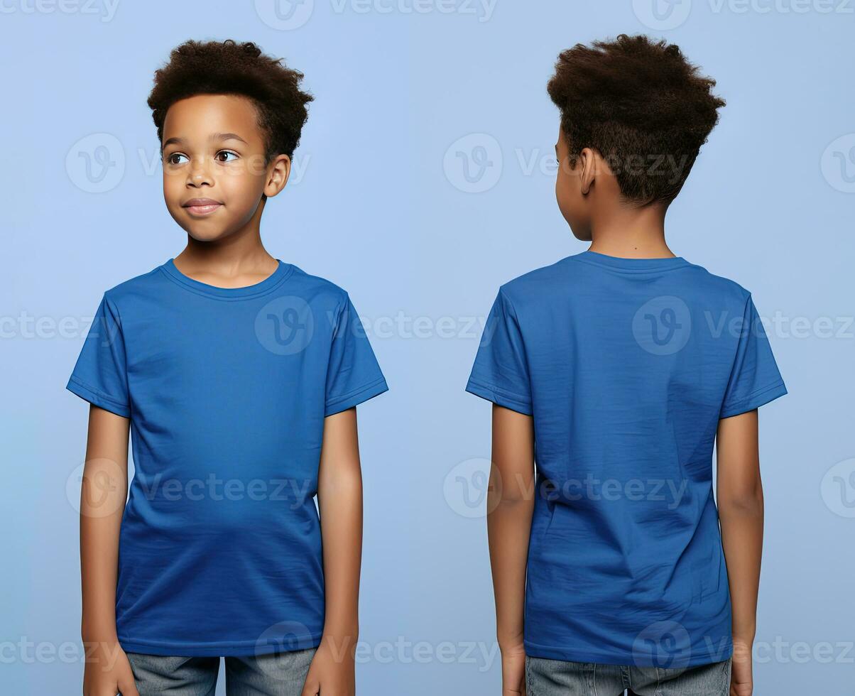 Front and back views of a little boy wearing a blue T-shirt. ai generated photo