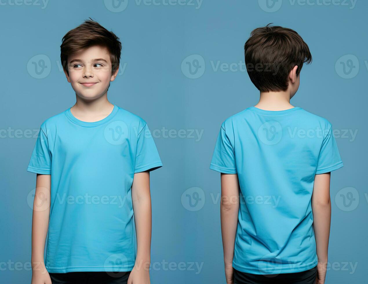 Front and back views of a little boy wearing a blue T-shirt. ai generated photo