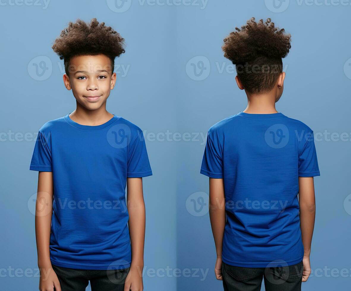 Front and back views of a little boy wearing a blue T-shirt. ai generated photo