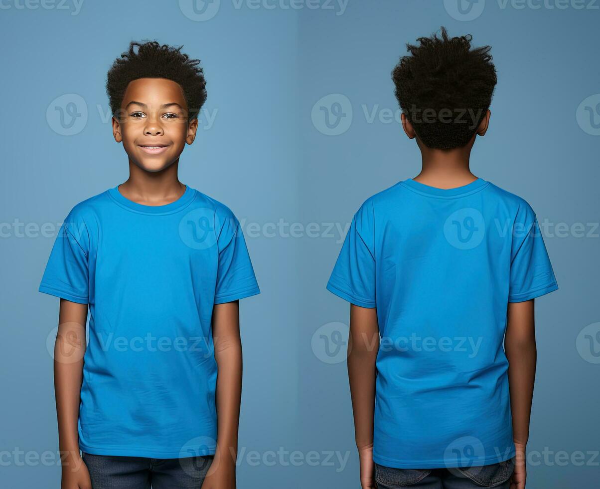 Front and back views of a little boy wearing a blue T-shirt. ai generated photo