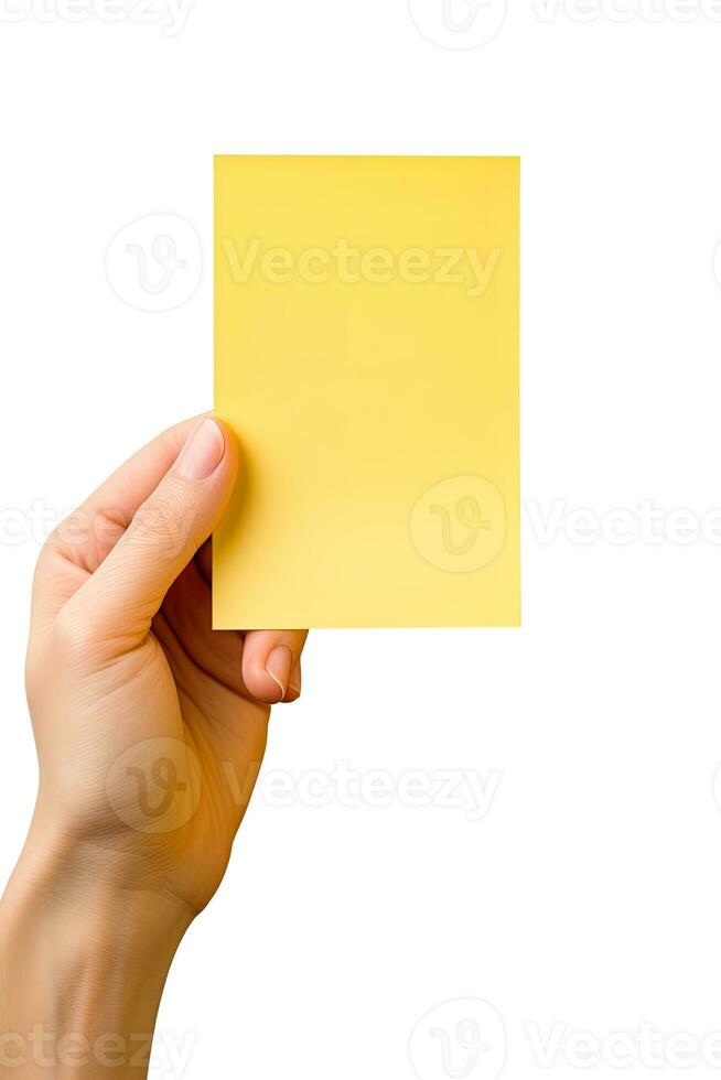 A human hand holding a blank sheet of yellow paper or card isolated on white background. ai generated photo