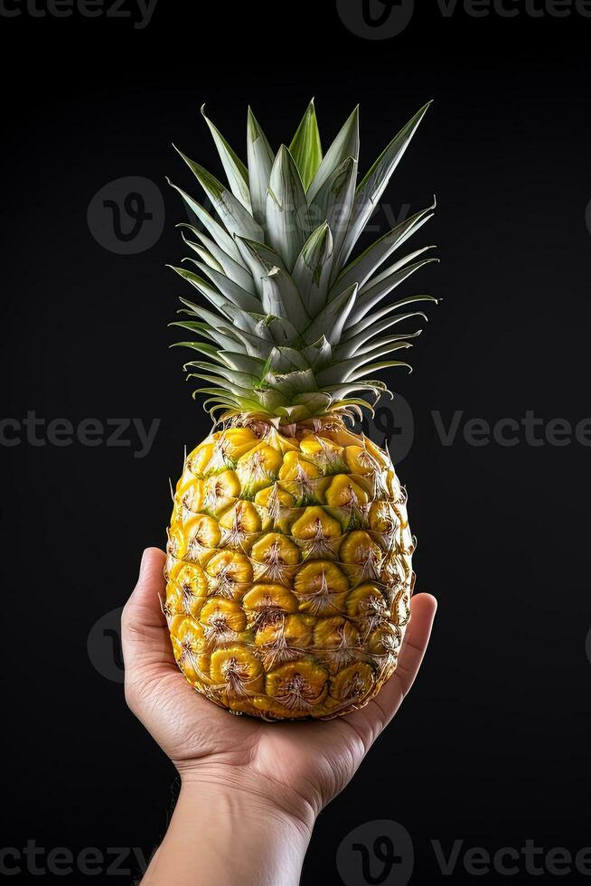 Hand hold fresh pineapple isolated on a black background. ai generated photo