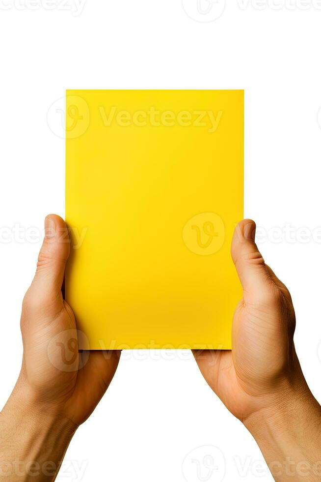 A human hand holding a blank sheet of yellow paper or card isolated on white background. ai generated photo