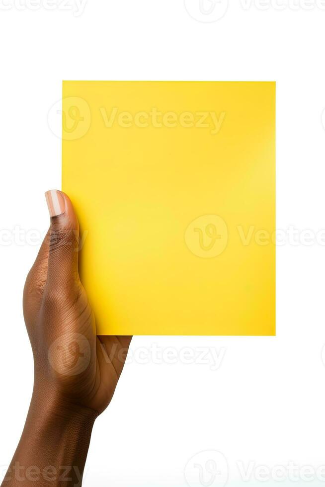 A human hand holding a blank sheet of yellow paper or card isolated on white background. ai generated photo