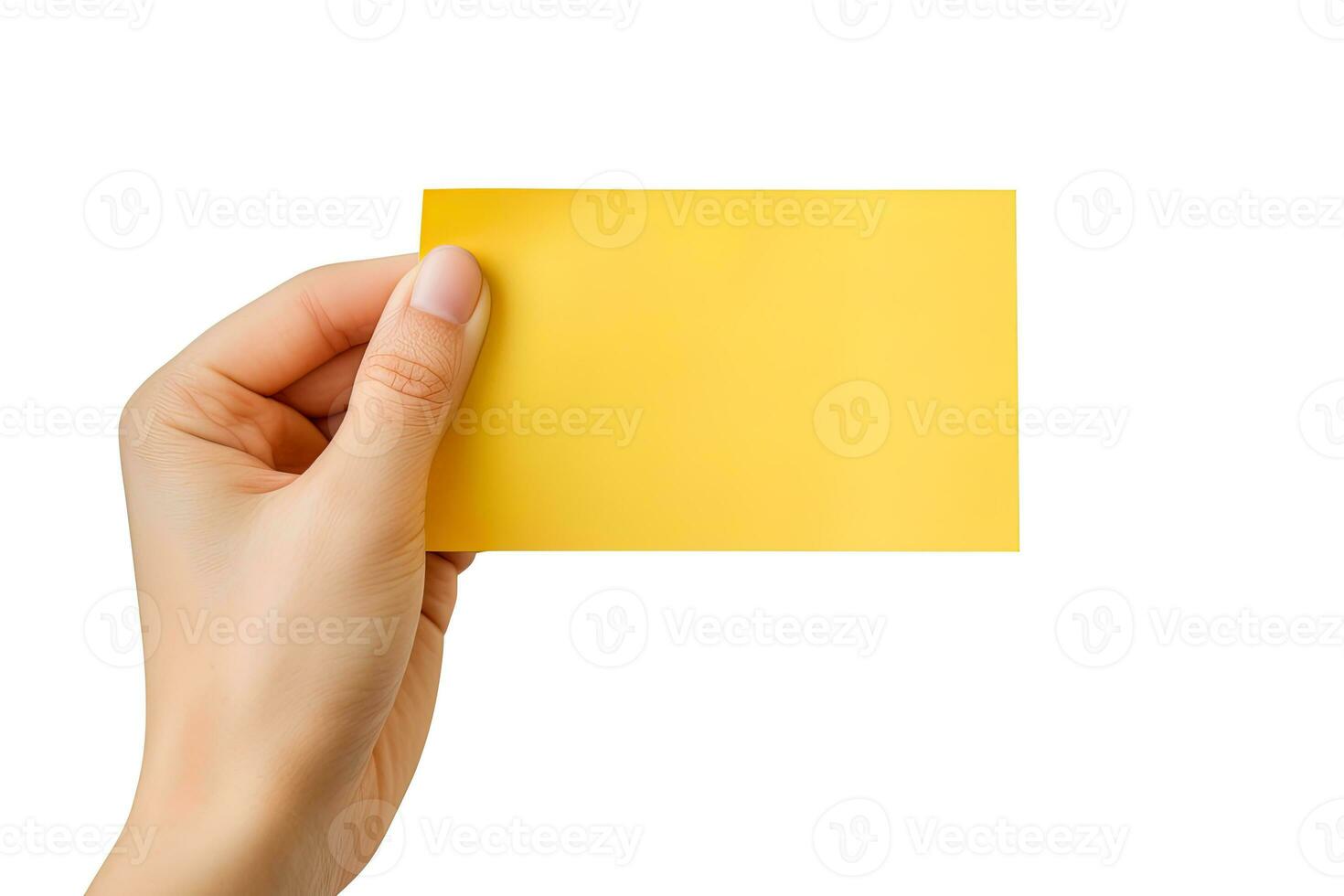 A human hand holding a blank sheet of yellow paper or card isolated on white background. ai generated photo